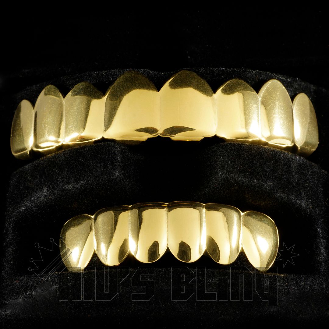 18K IP Gold Plated GRILLZ 8 Tooth Top Bottom Mouth Hip Hop STAINLESS
